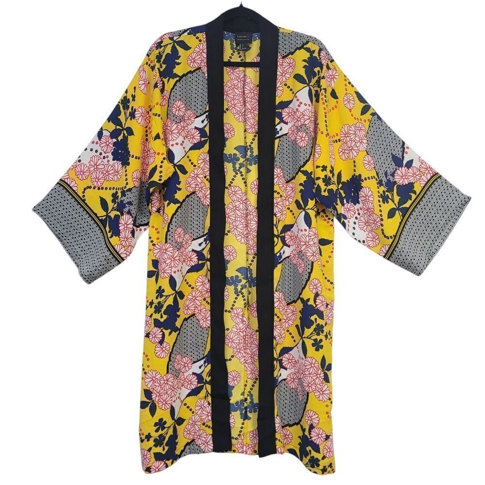 Forever 21 Contemporary Yellow and Black Floral Kimono Robe,  Small